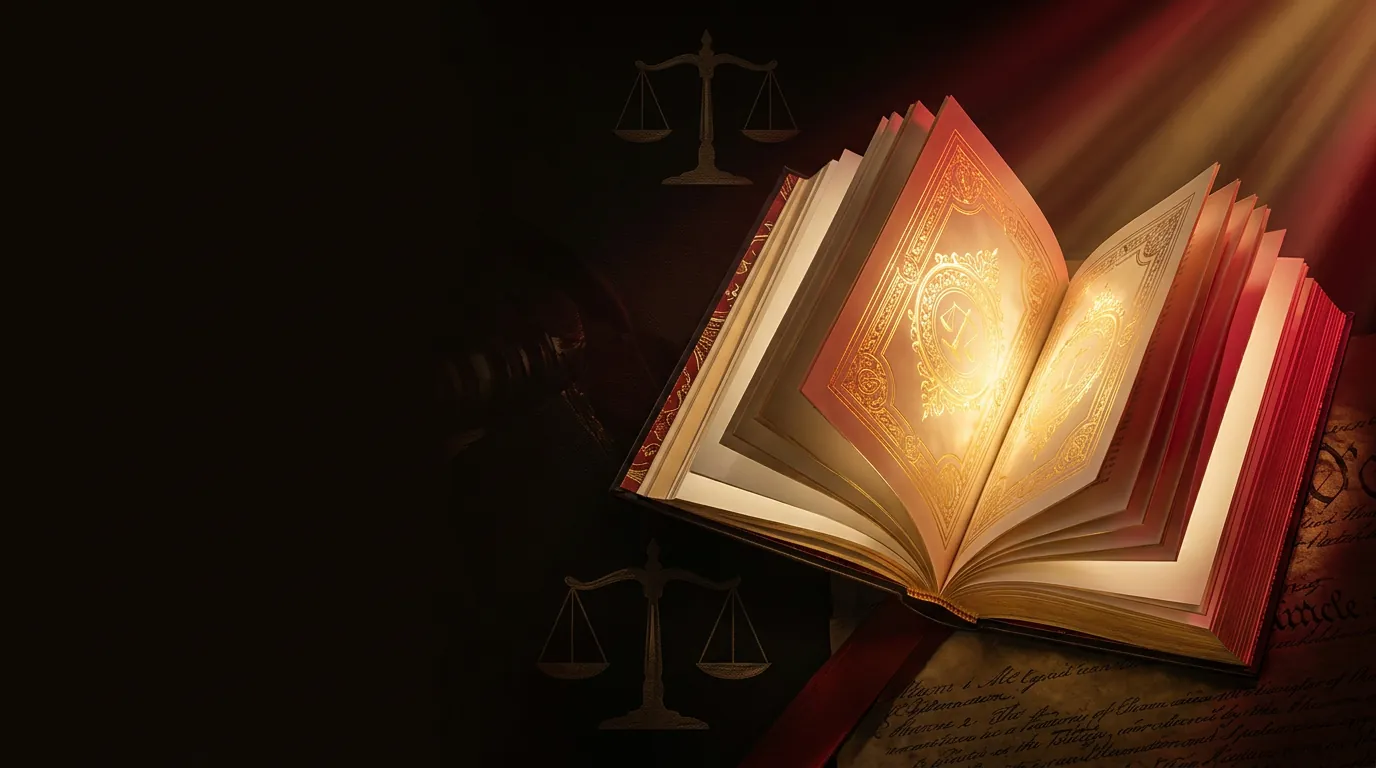 An open premium hardcover book with gold-embossed glowing pages and scales-of-justice motifs, warmly lit against a dark background