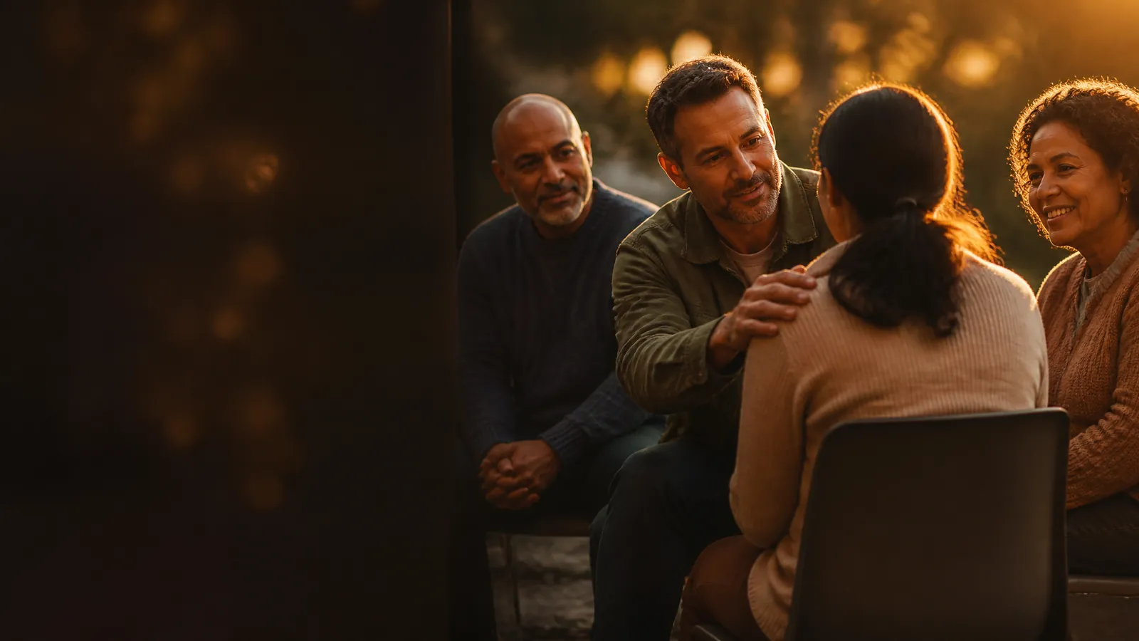 A warm, supportive circle of everyday Australians talking and encouraging one another in golden afternoon light
