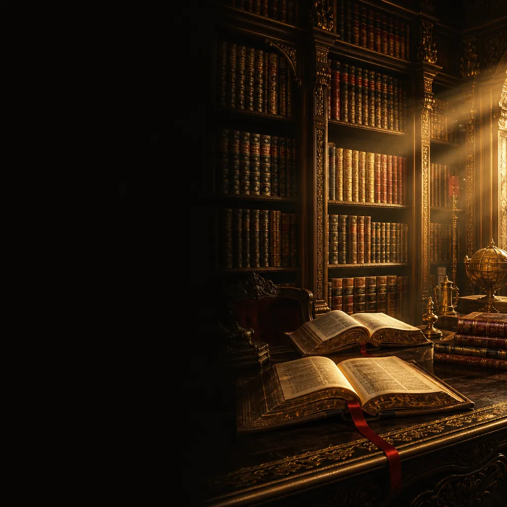A grand candlelit library of gold-embossed antique tomes with open illuminated books, evoking deeper reading and wisdom